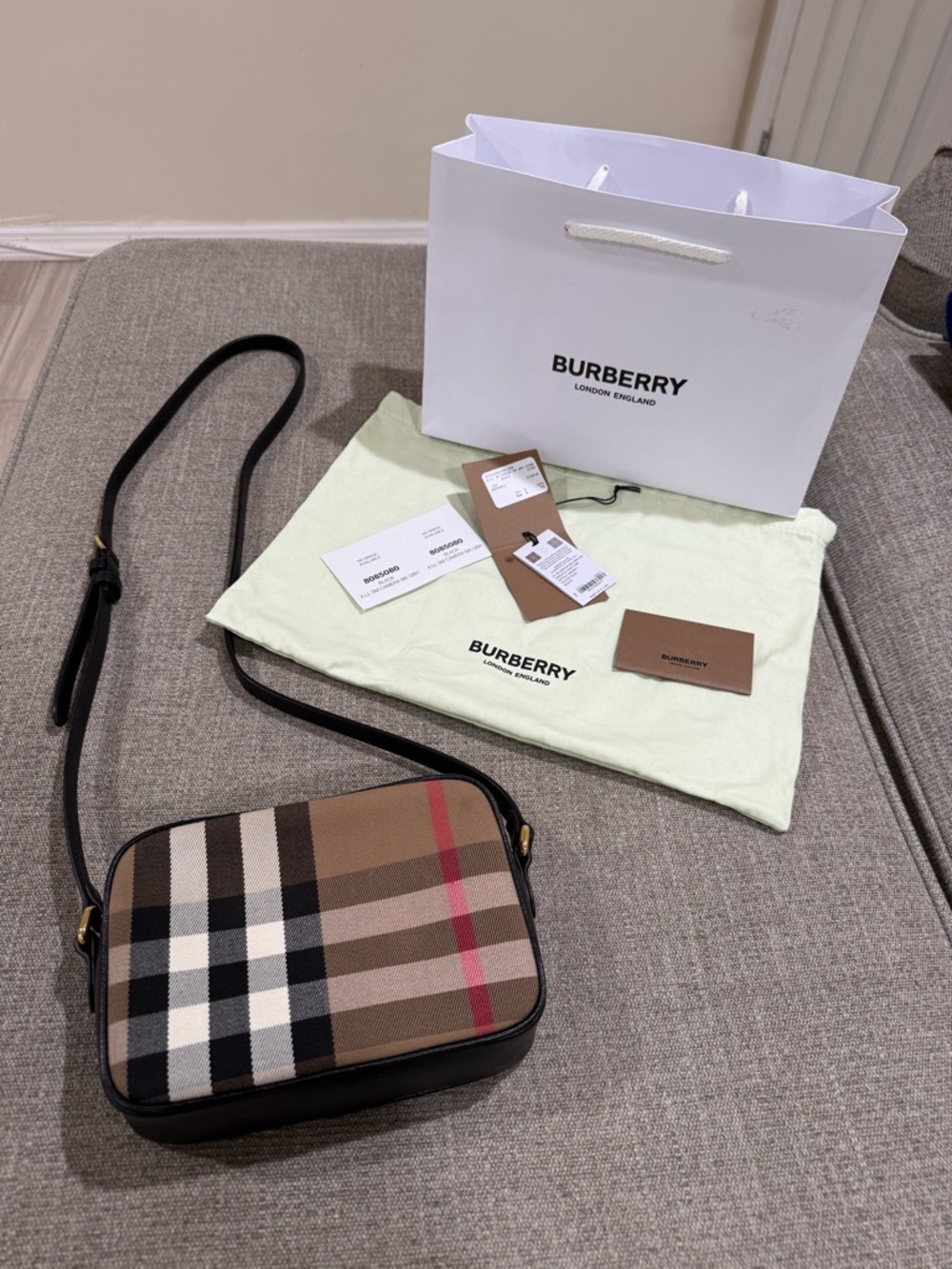 Burberry Classic Check Canvas Crossbody in Tan, Black & Red